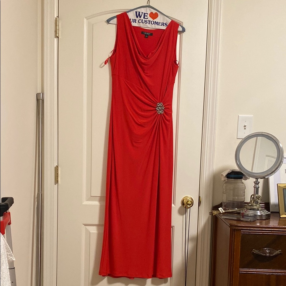 Ralph Lauren Red Maxi Sheath Dress Sleeveless Scoop Neck